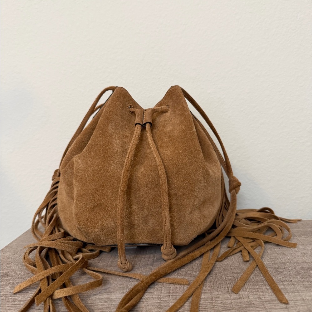 Suede Tan Drawstring Bucket Bag - Picture 2 of 4